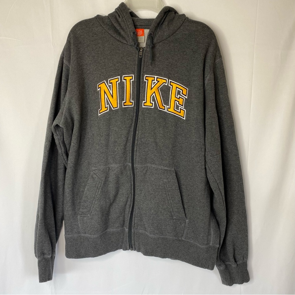 NIKE MENS ATHLETIC DEPT FULL ZIP SWEATSHIRT SZ XL HOODIE GRAY YELLOW SPELLOUT